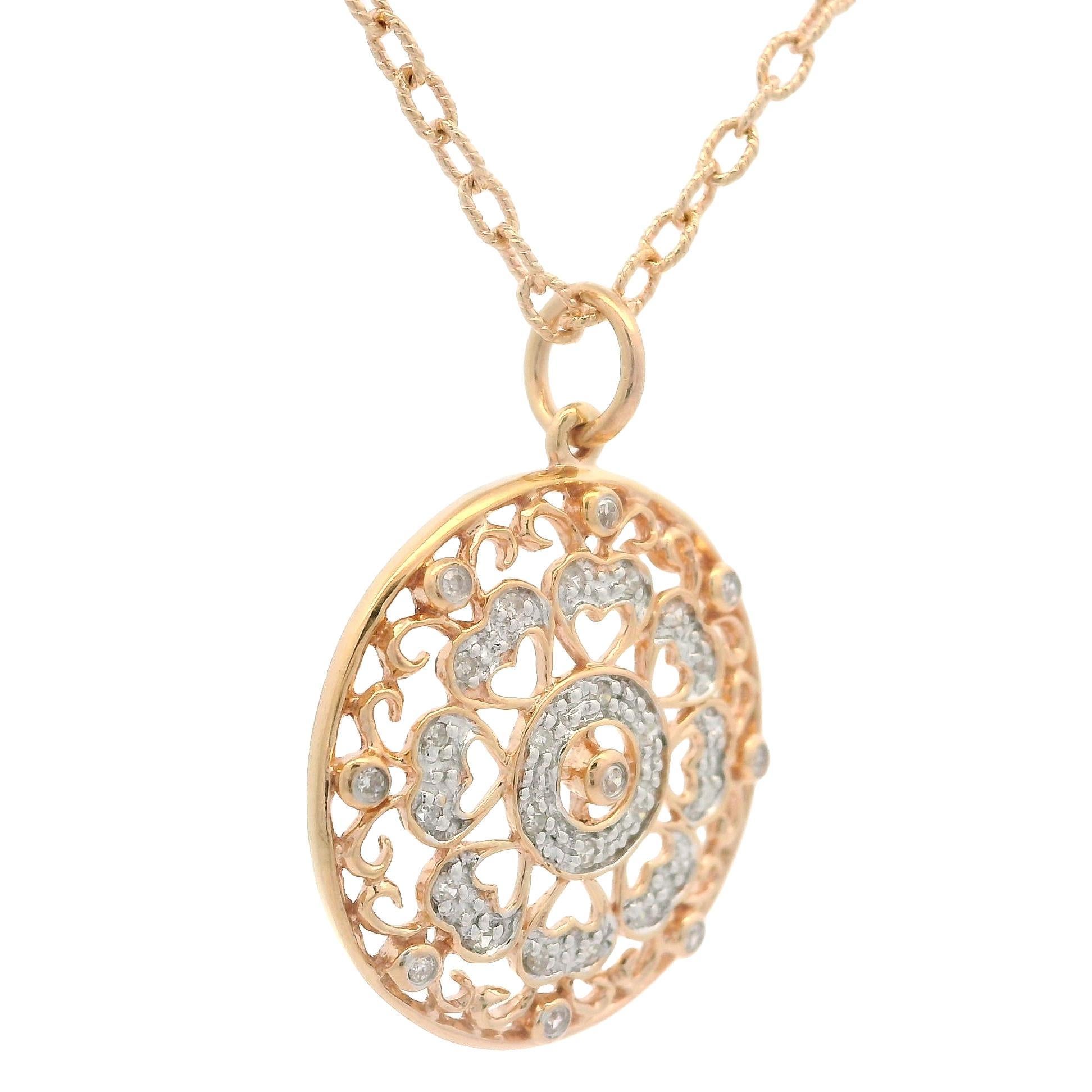Collier en or jaune rose 14k avec pendentif disque ajouré en diamant 0.10ctw en vente 5