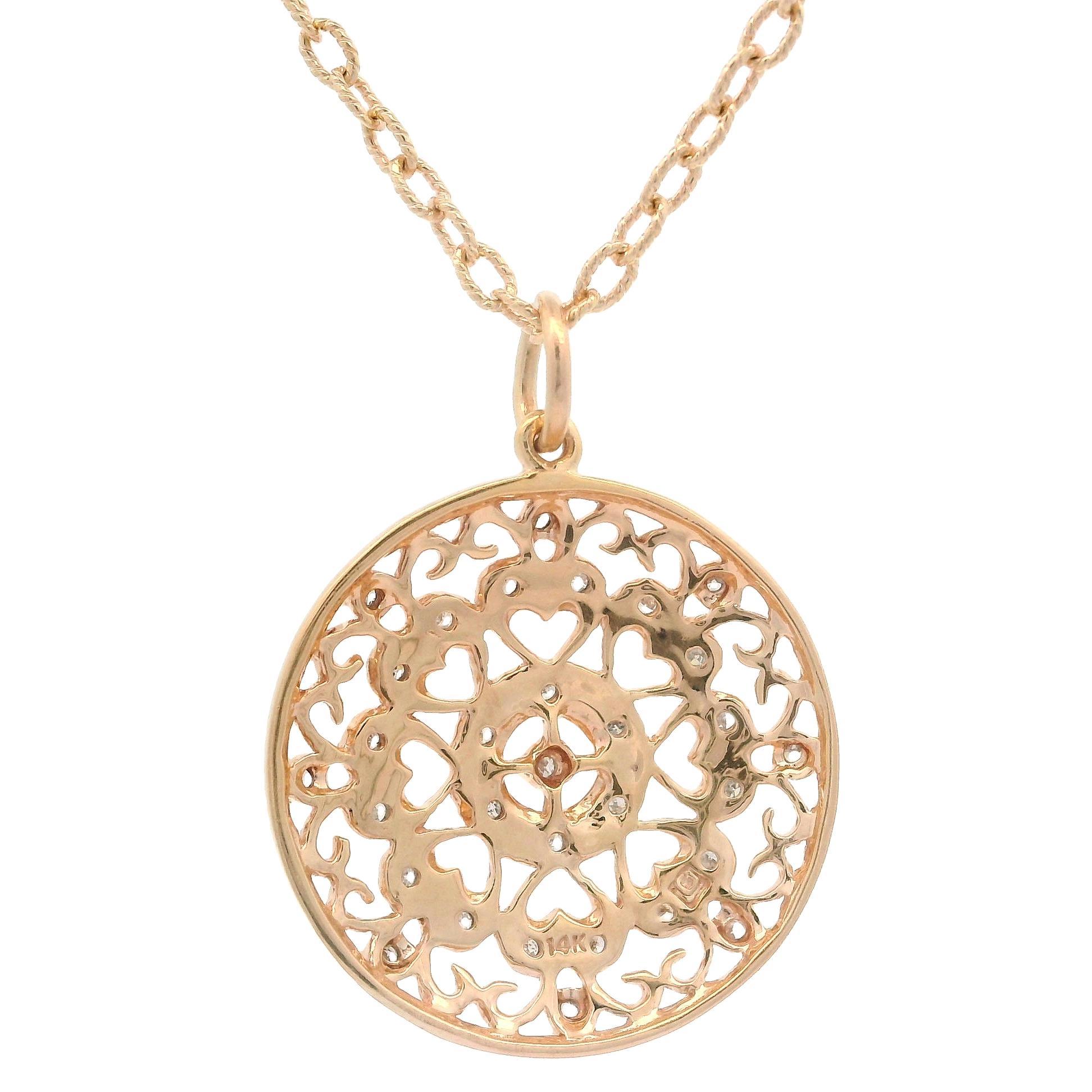 Collier en or jaune rose 14k avec pendentif disque ajouré en diamant 0.10ctw en vente 6