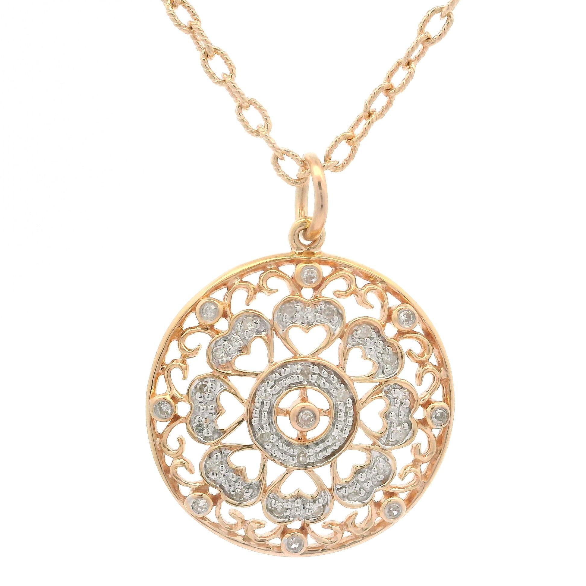 Collier en or jaune rose 14k avec pendentif disque ajouré en diamant 0.10ctw en vente 3