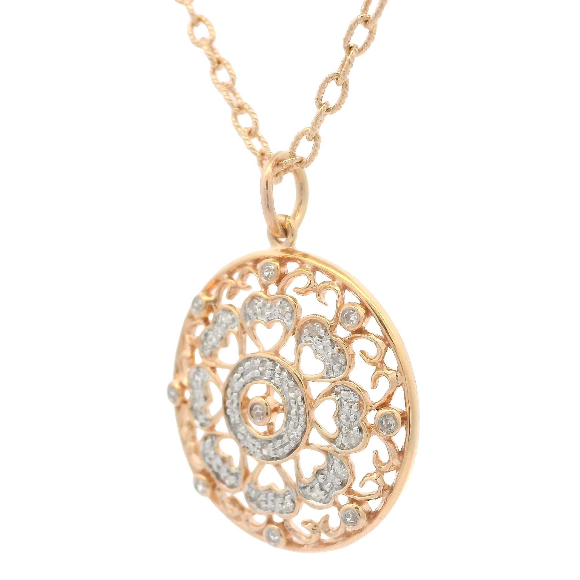Collier en or jaune rose 14k avec pendentif disque ajouré en diamant 0.10ctw en vente 4