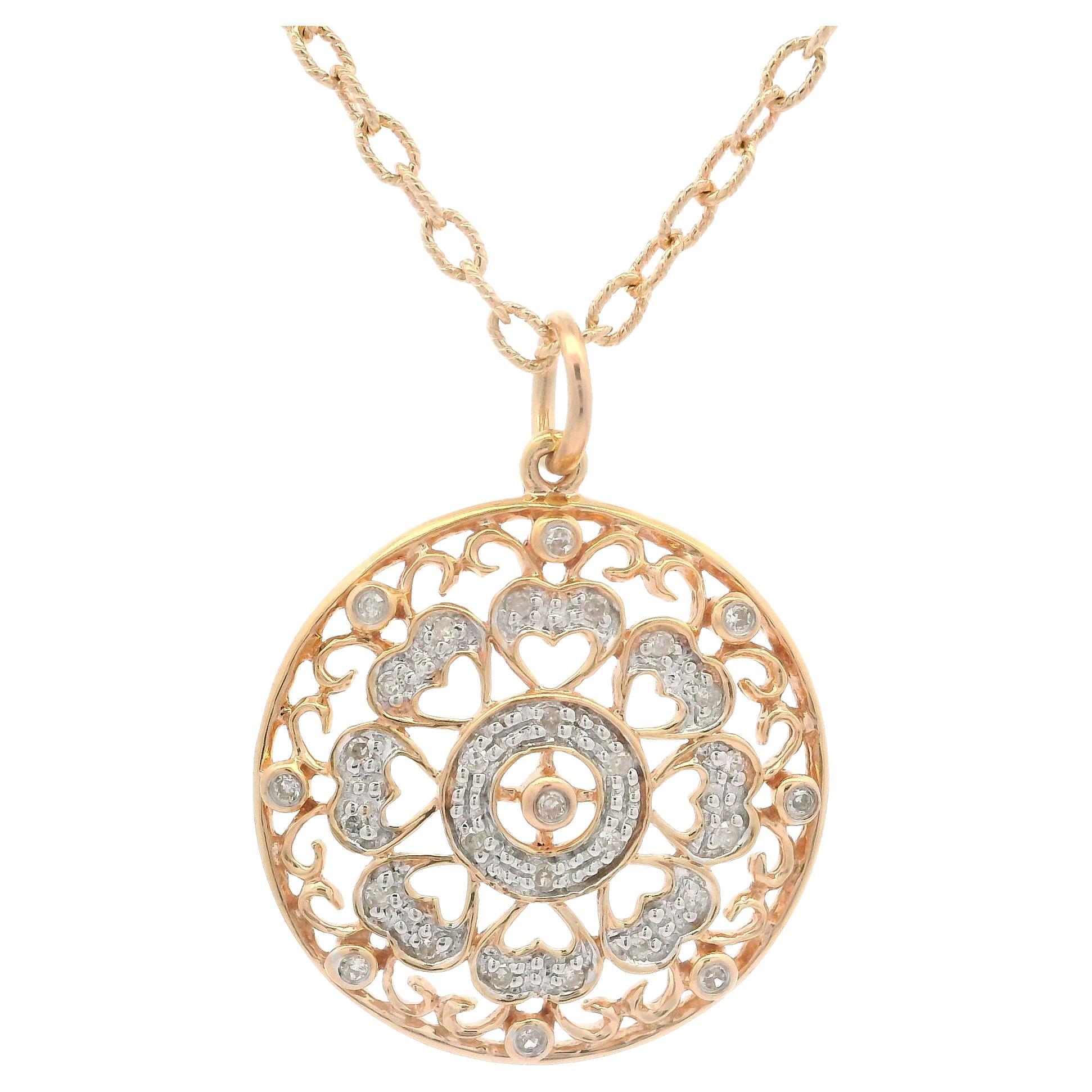 Collier en or jaune rose 14k avec pendentif disque ajouré en diamant 0.10ctw