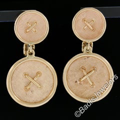 14K Rosy Yellow Gold Florentine & Polished Finish Dual Button Dangle Earrings