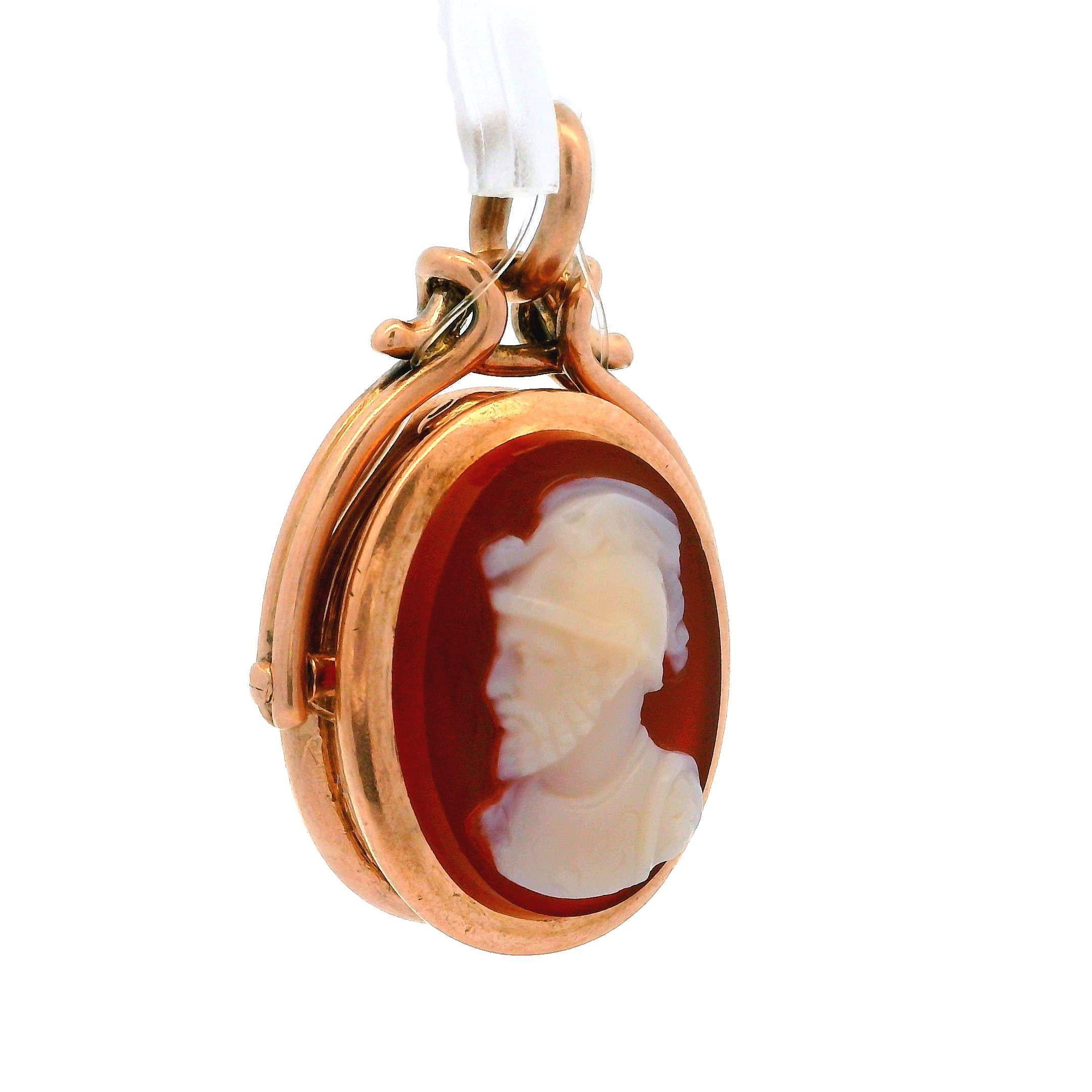 --Stone(s):--
(2) Natural Genuine Carnelian - Oval Cut - 1 Cameo , 1 Uncarved -17.9x13.5mm each (approx.)

Material: Solid 14k Rosy Yellow Gold
Weight: 8.72 Grams
Overall Height: 32.7mm (1.2