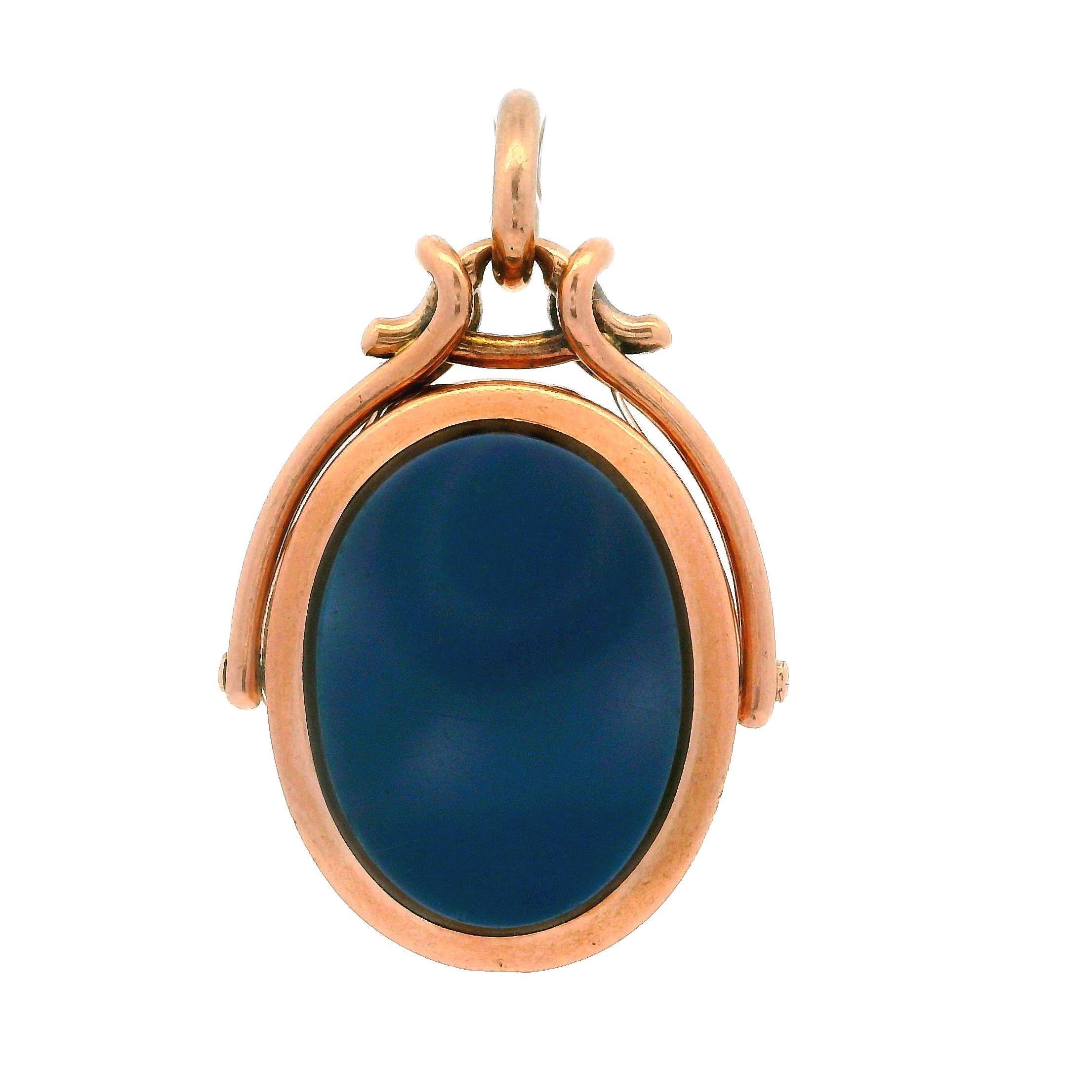 14k Rosy Yellow Gold Knight Engraved Cameo Hardstone Swivel Open Pendant FOB In Good Condition For Sale In Montclair, NJ