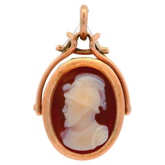 14k Rosy Yellow Gold Knight Engraved Cameo Hardstone Swivel Open Pendant Fob