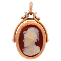 14k Rosy Yellow Gold Knight Engraved Cameo Hardstone Swivel Open Pendant FOB