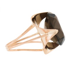 14K Rosy Yellow Gold Large Round Smoky Quartz Solitaire Scalloped Cocktail Ring