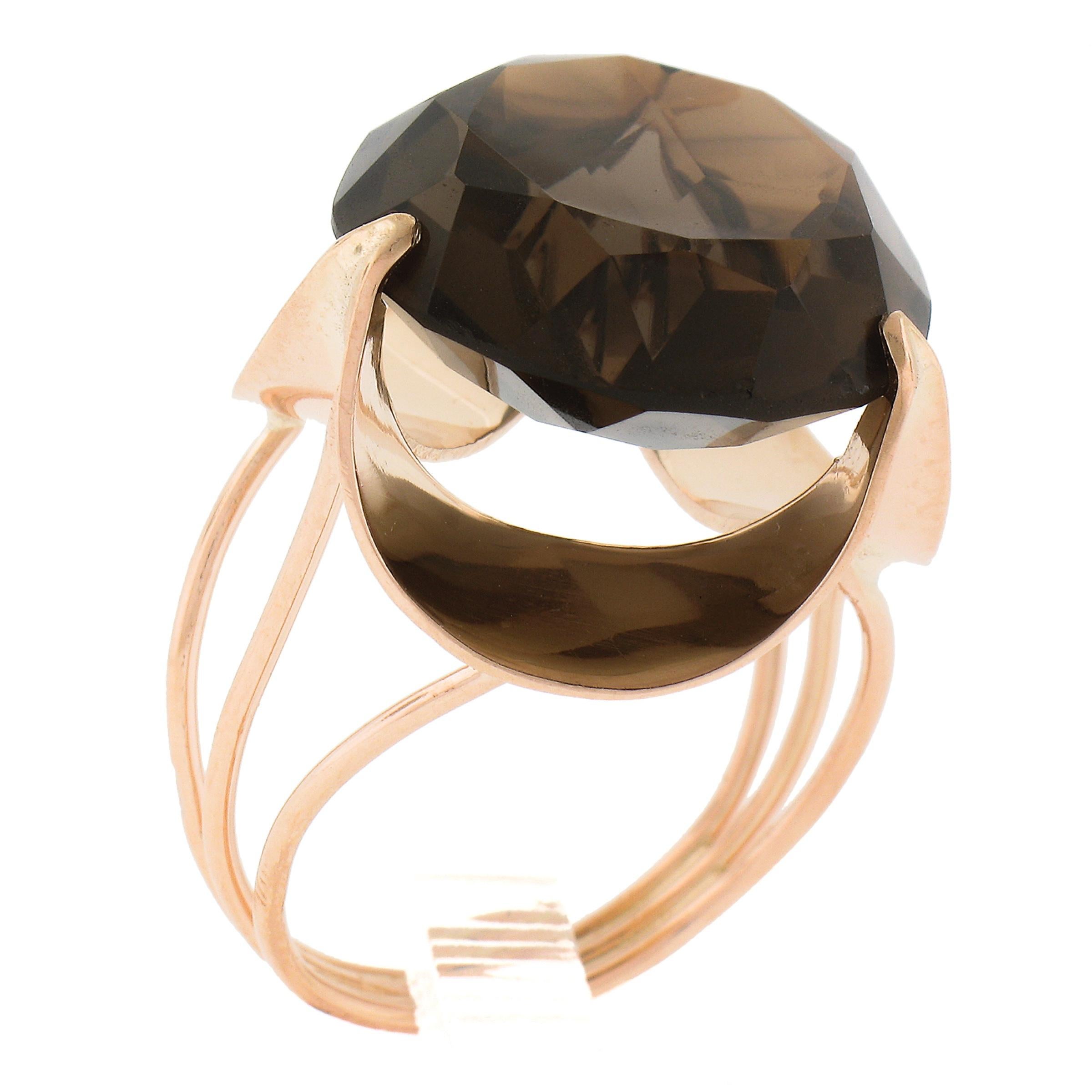 14K Rosy Yellow Gold Large Round Smoky Quartz Solitaire Scalloped Cocktail Ring For Sale 1