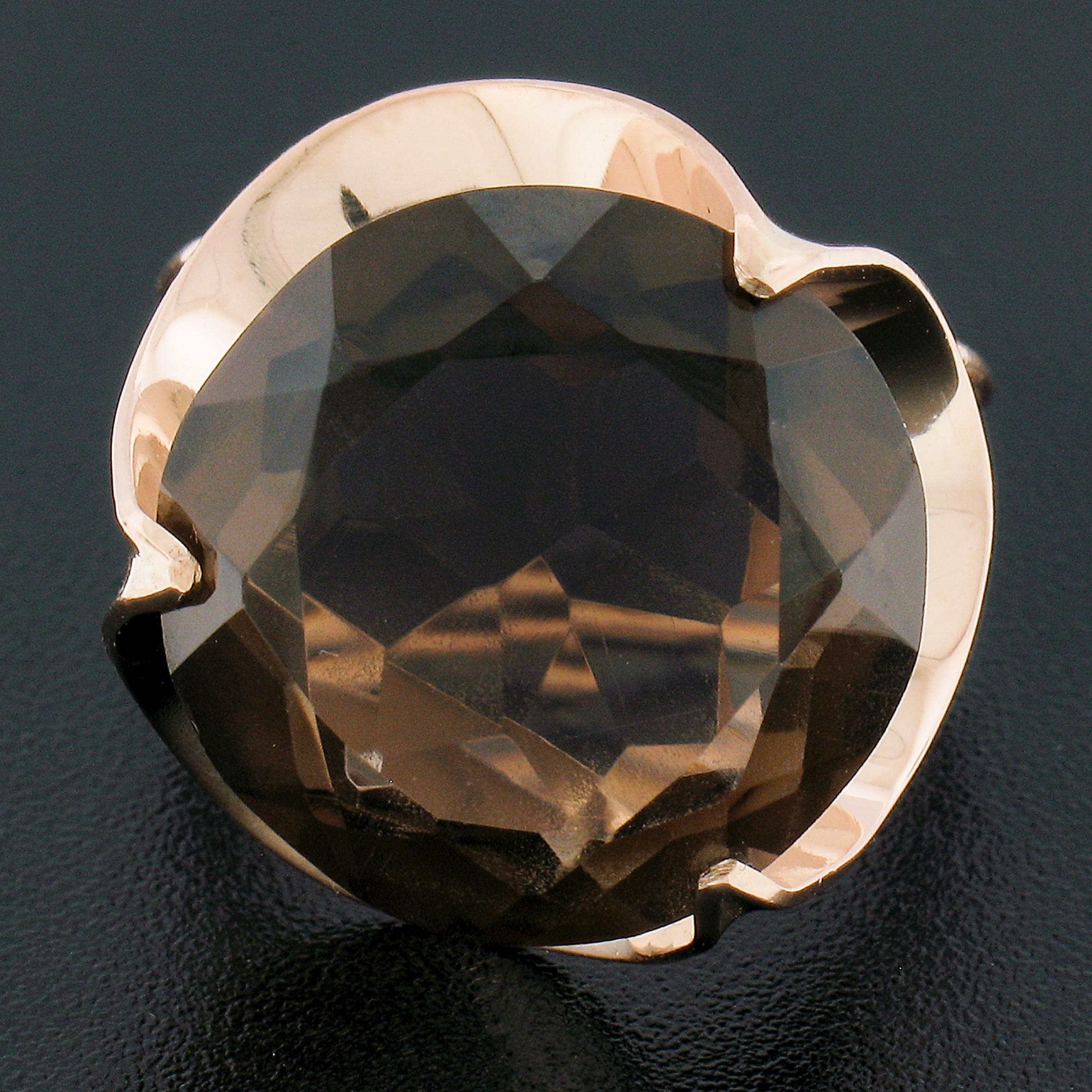 14K Rosy Yellow Gold Large Round Smoky Quartz Solitaire Scalloped Cocktail Ring For Sale 3