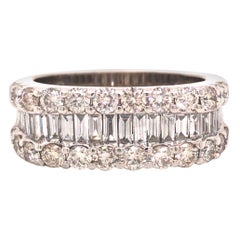 14K Round and Baguette Diamond Band White Gold