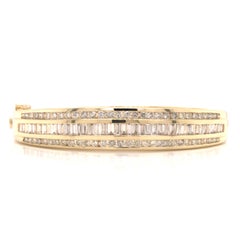 14K Round and Baguette Diamond Bangle Bracelet Yellow Gold