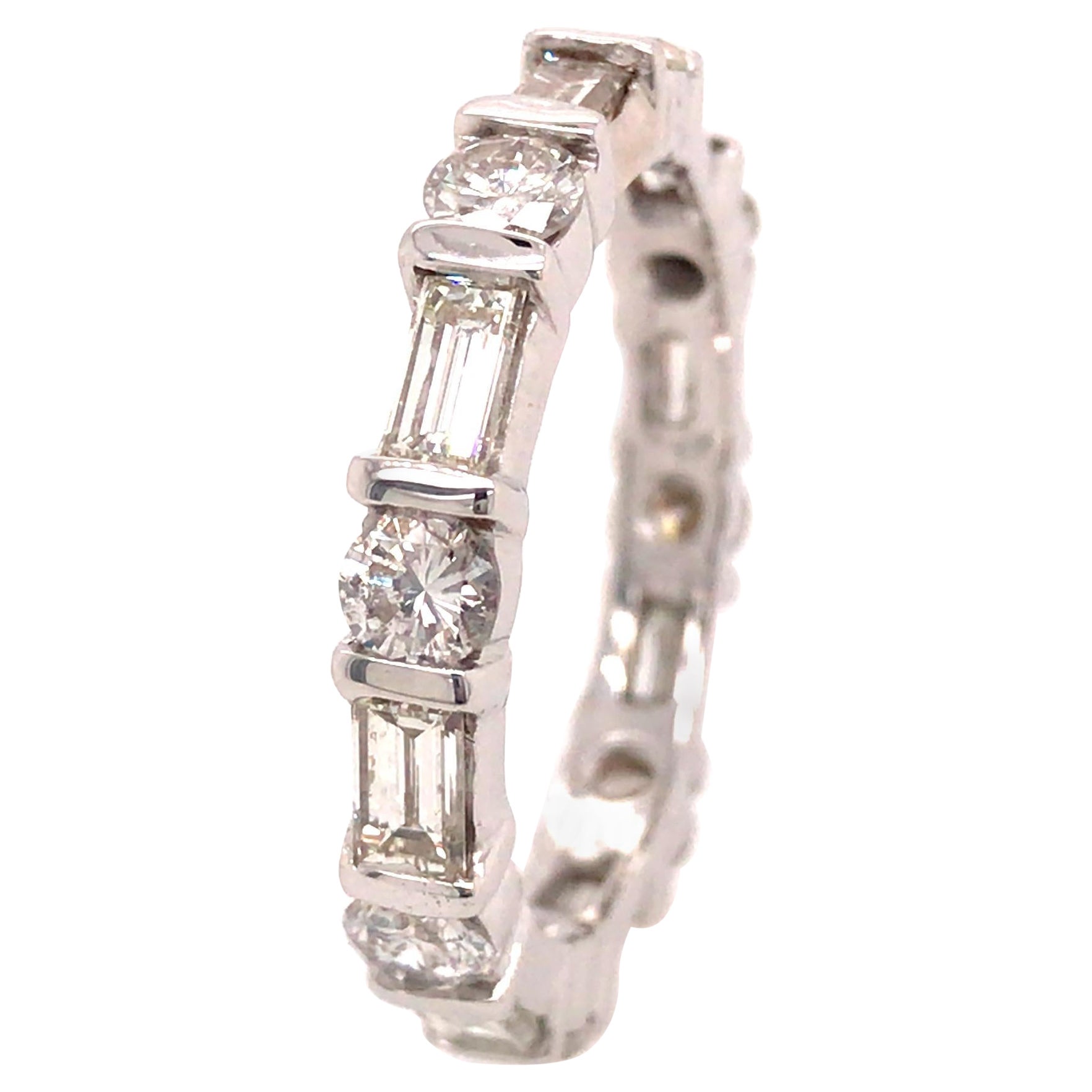 14K Round and Baguette Diamond Bar Set Eternity Band Two-Tone Gold For Sale