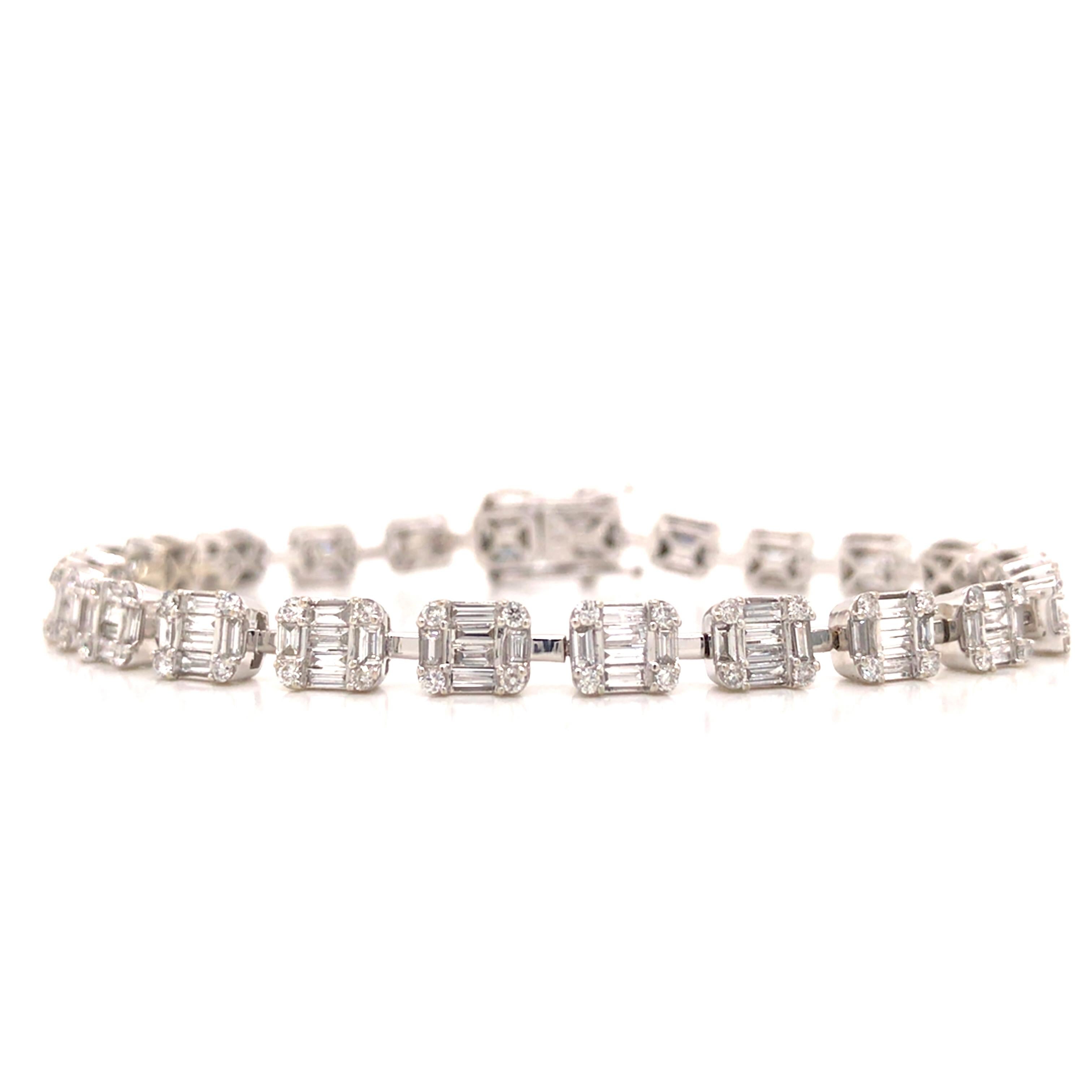 Round Cut 14K Round and Baguette Diamond Bracelet White Gold For Sale