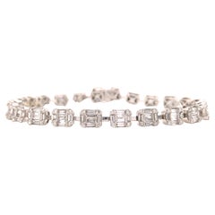 14K Round and Baguette Diamond Bracelet White Gold