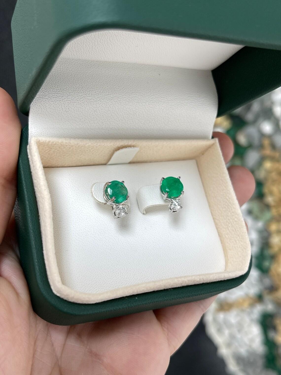 Women's 14K Round Cut Colombian Emerald & Diamond Accent Stud Earrings, Rich Green For Sale