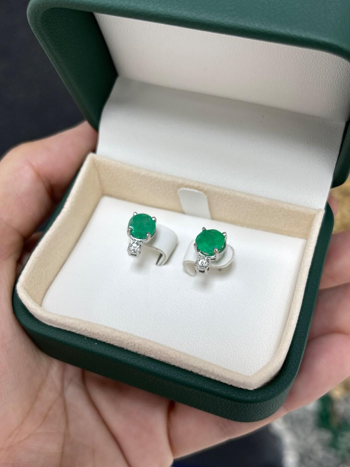 14K Round Cut Colombian Emerald & Diamond Accent Stud Earrings, Rich Green For Sale 1