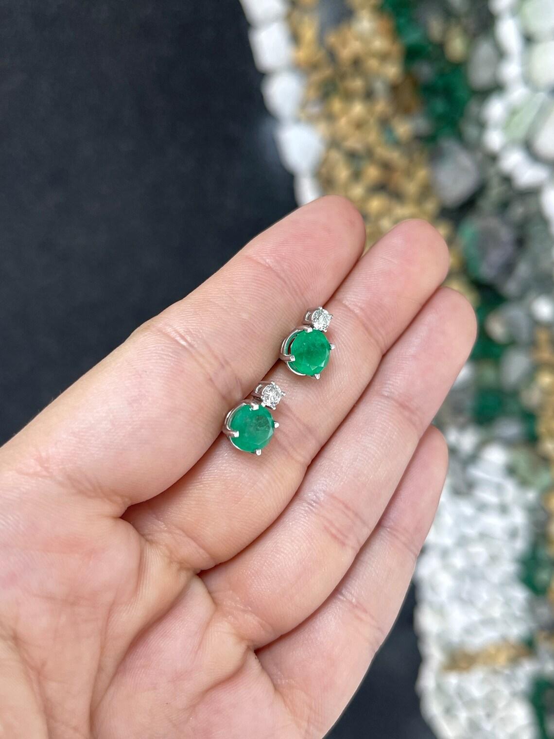 14K Round Cut Colombian Emerald & Diamond Accent Stud Earrings, Rich Green For Sale 2