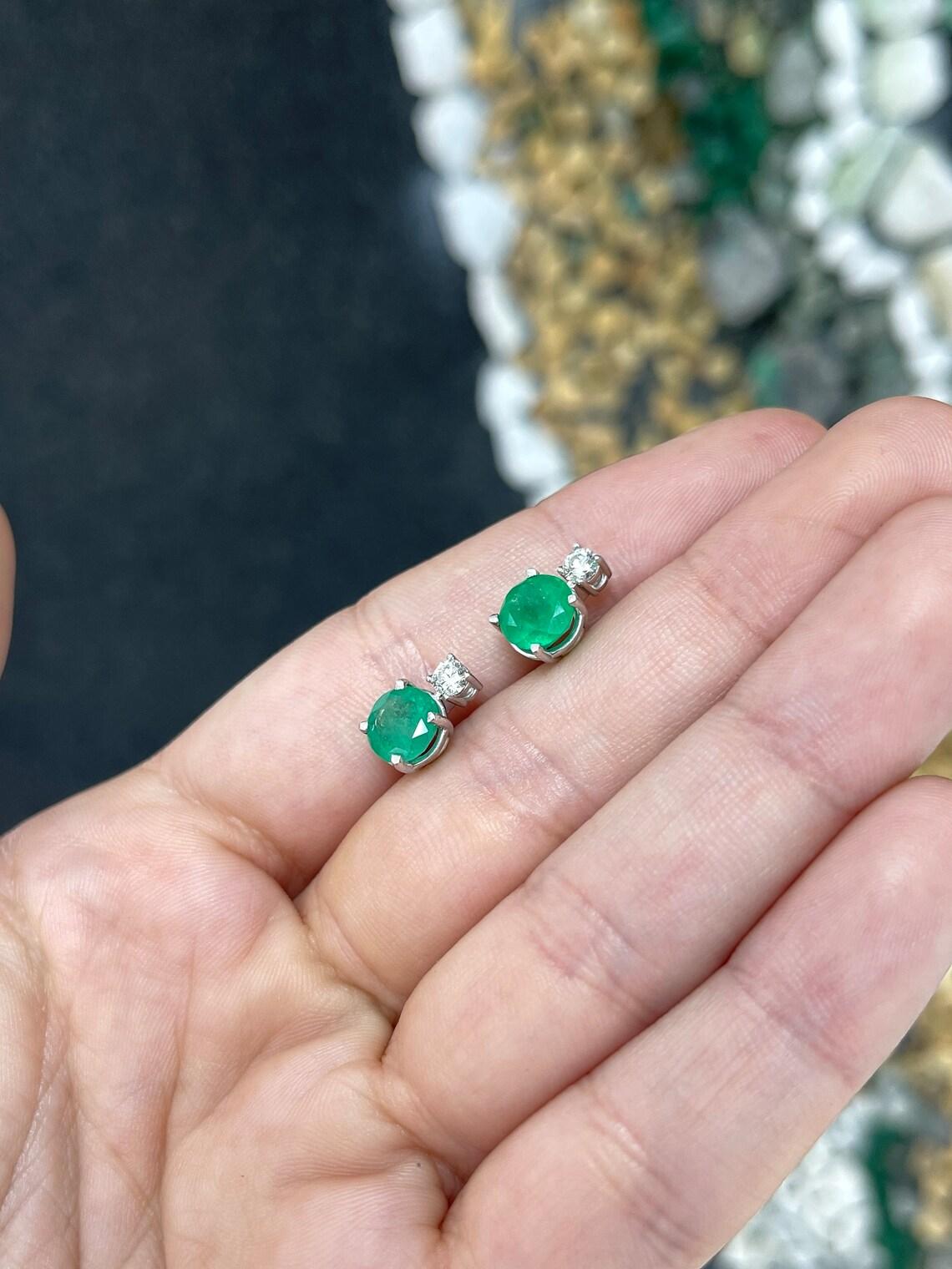 14K Round Cut Colombian Emerald & Diamond Accent Stud Earrings, Rich Green For Sale 3