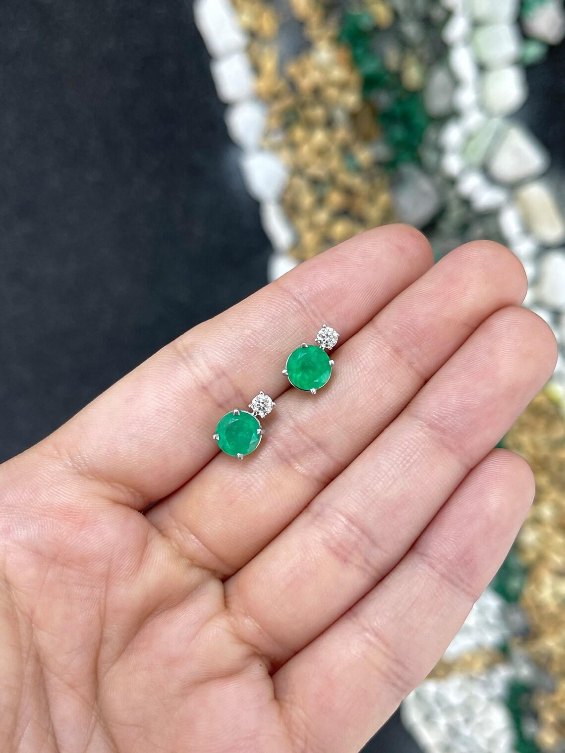 14K Round Cut Colombian Emerald & Diamond Accent Stud Earrings, Rich Green For Sale 4