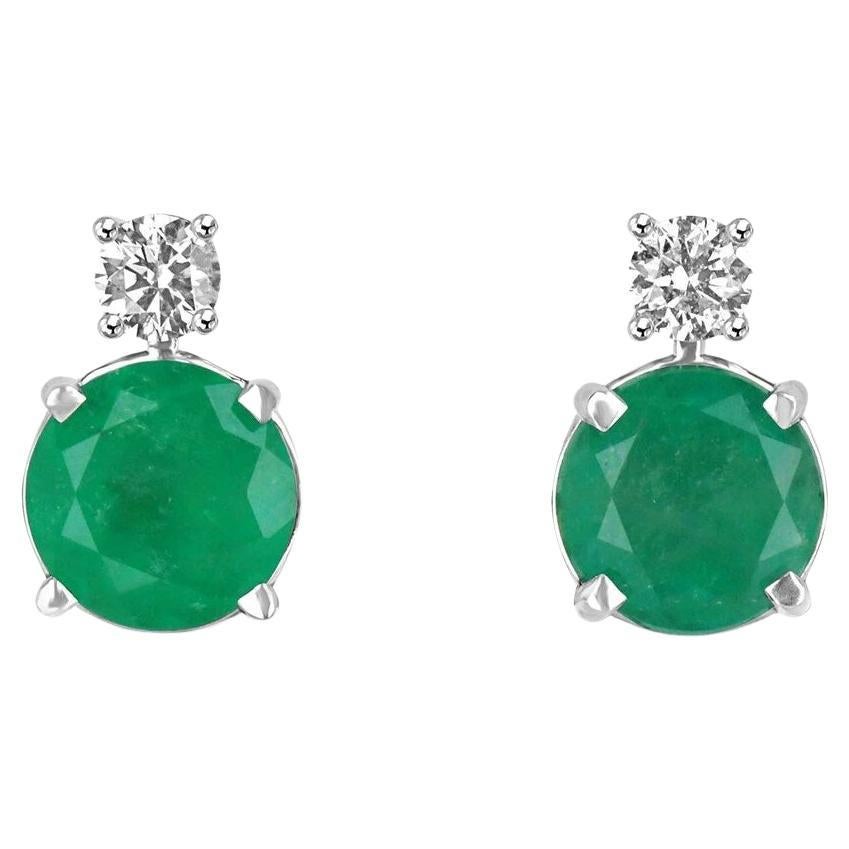 14K Round Cut Colombian Emerald & Diamond Accent Stud Earrings, Rich Green For Sale