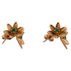 14K Round Emerald Flower Earring Studs Floral Detailing