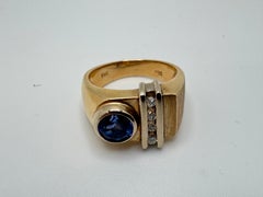 Men's Art Deco 14K Yellow Gold Round Sapphire & Diamond Ring, 1980
