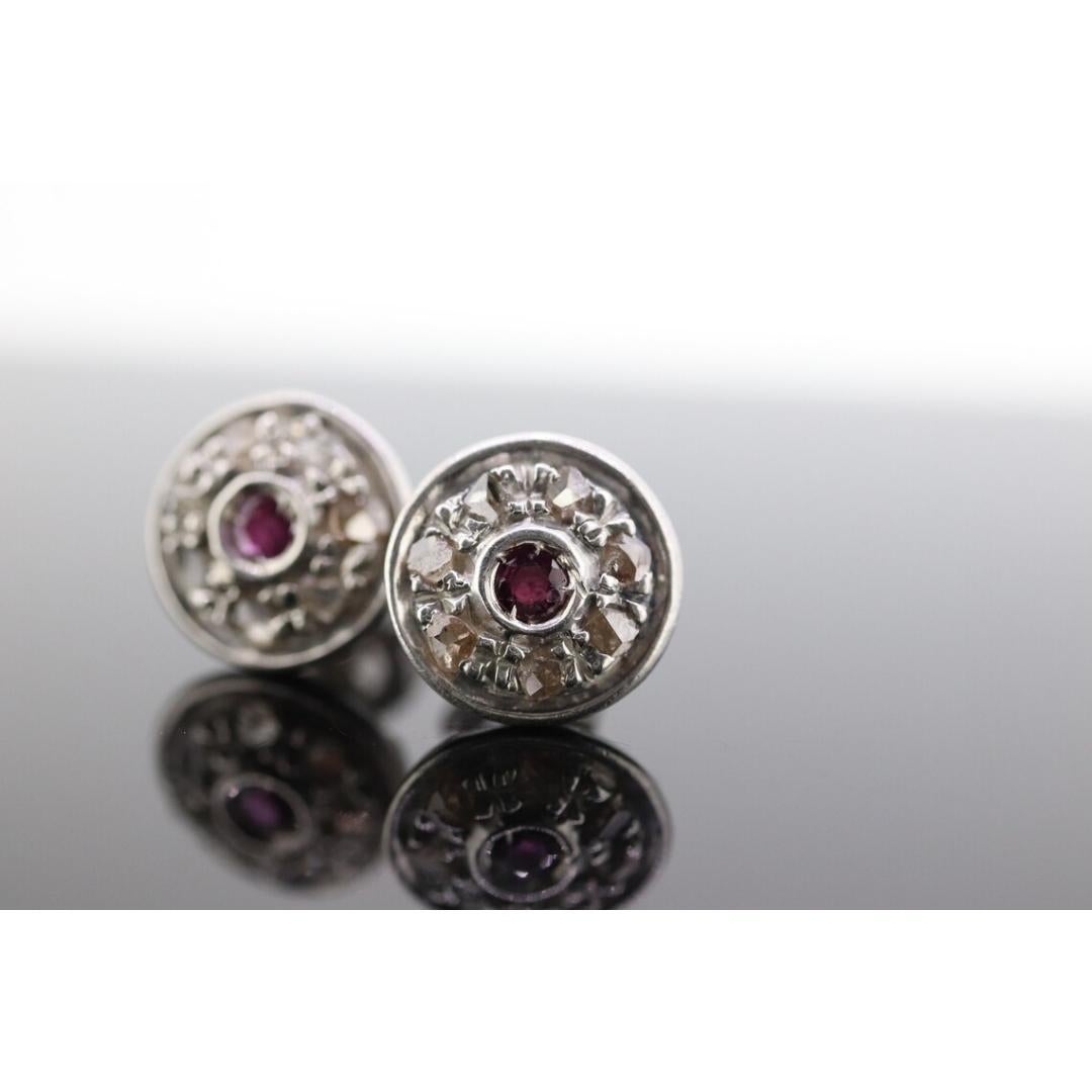 14k Ruby and Diamond Halo Gold Stud Earrings. Vintage Rough cut diamond ruby In Good Condition For Sale In Port Charlotte, FL