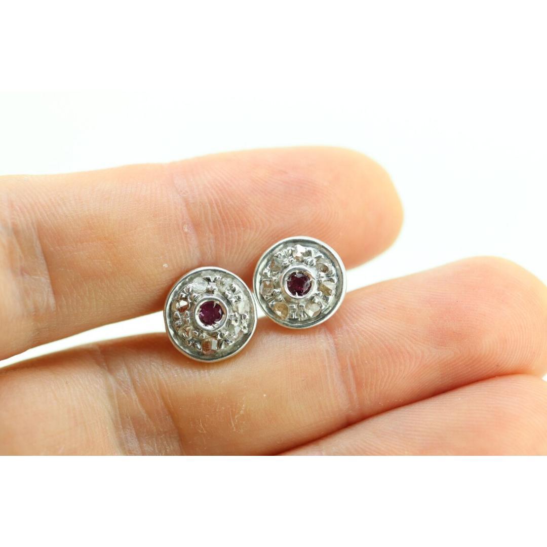 Women's 14k Ruby and Diamond Halo Gold Stud Earrings. Vintage Rough cut diamond ruby For Sale