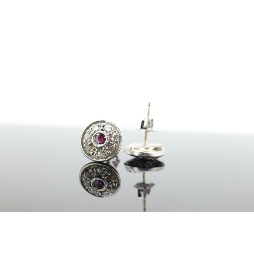 14k Ruby and Diamond Halo Gold Stud Earrings. Vintage Rough cut diamond ruby For Sale 1