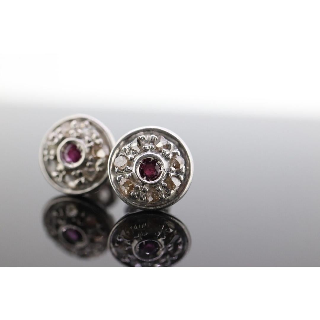 14k Ruby and Diamond Halo Gold Stud Earrings. Vintage Rough cut diamond ruby For Sale 5