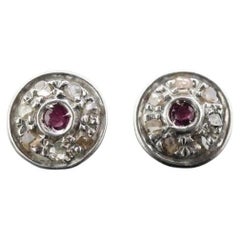 14k Ruby and Diamond Halo Gold Stud Earrings. Vintage Rough cut diamond ruby