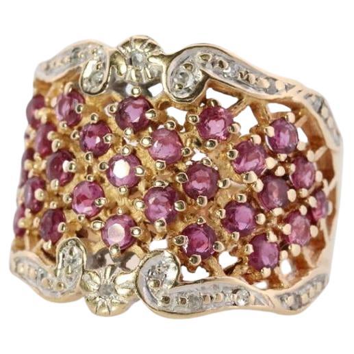 14k Ruby and Diamond Wide Pave Cluster Encrusted ring. 14k Yellow Gold
