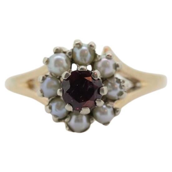 14k Ruby and Pearl Halo ring. Victorian Ruby prong set pearl cluster band.