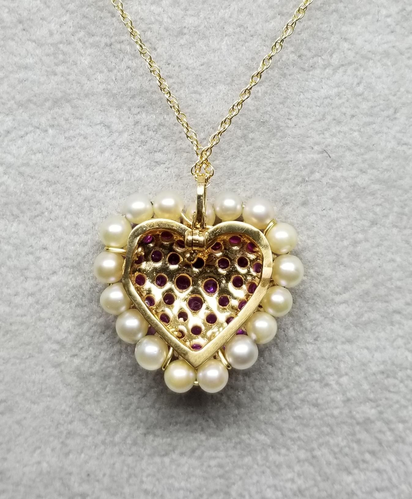 Round Cut 14 Karat Ruby and Pearl Heart Pendant