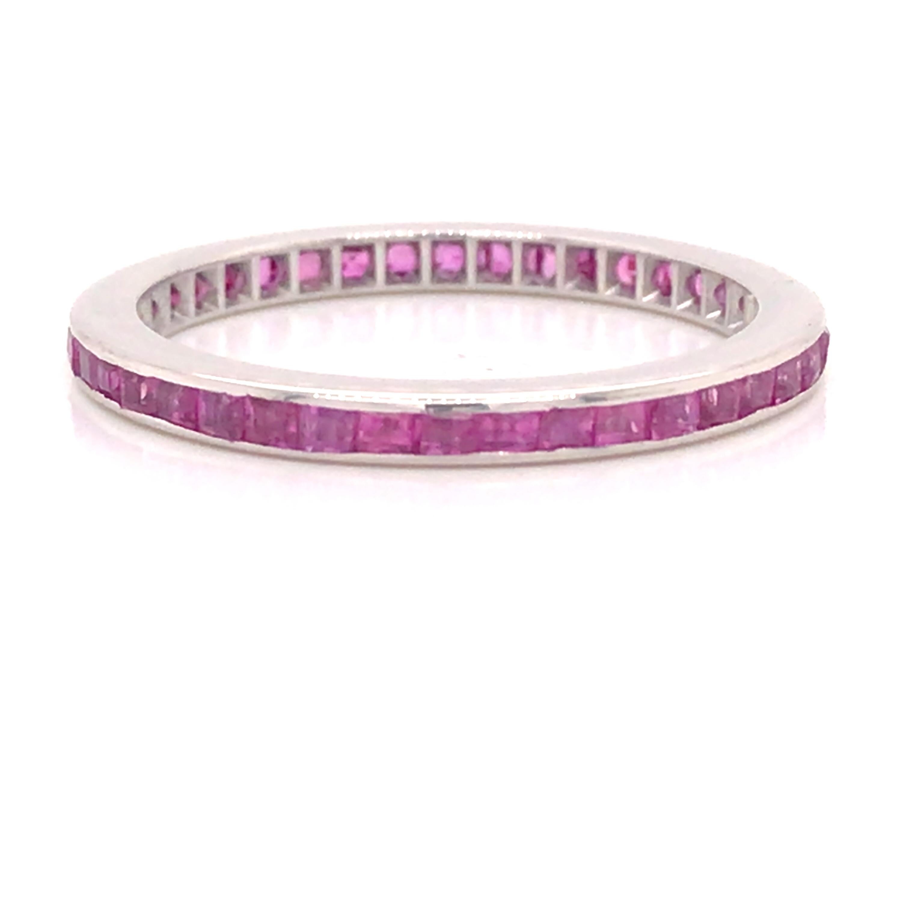Women's 14K Ruby Channel Set Thin Eternity Band White Gold For Sale