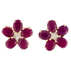 14K Ruby & Diamond Flower Stud Earrings