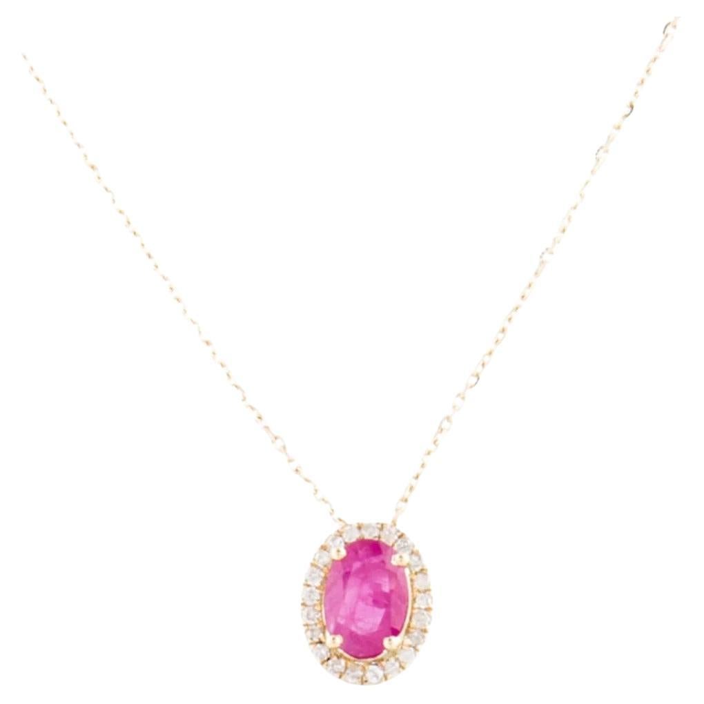 14K Ruby & Diamond Halo Pendant Necklace - Timeless Elegance, Stunning Gemstones For Sale