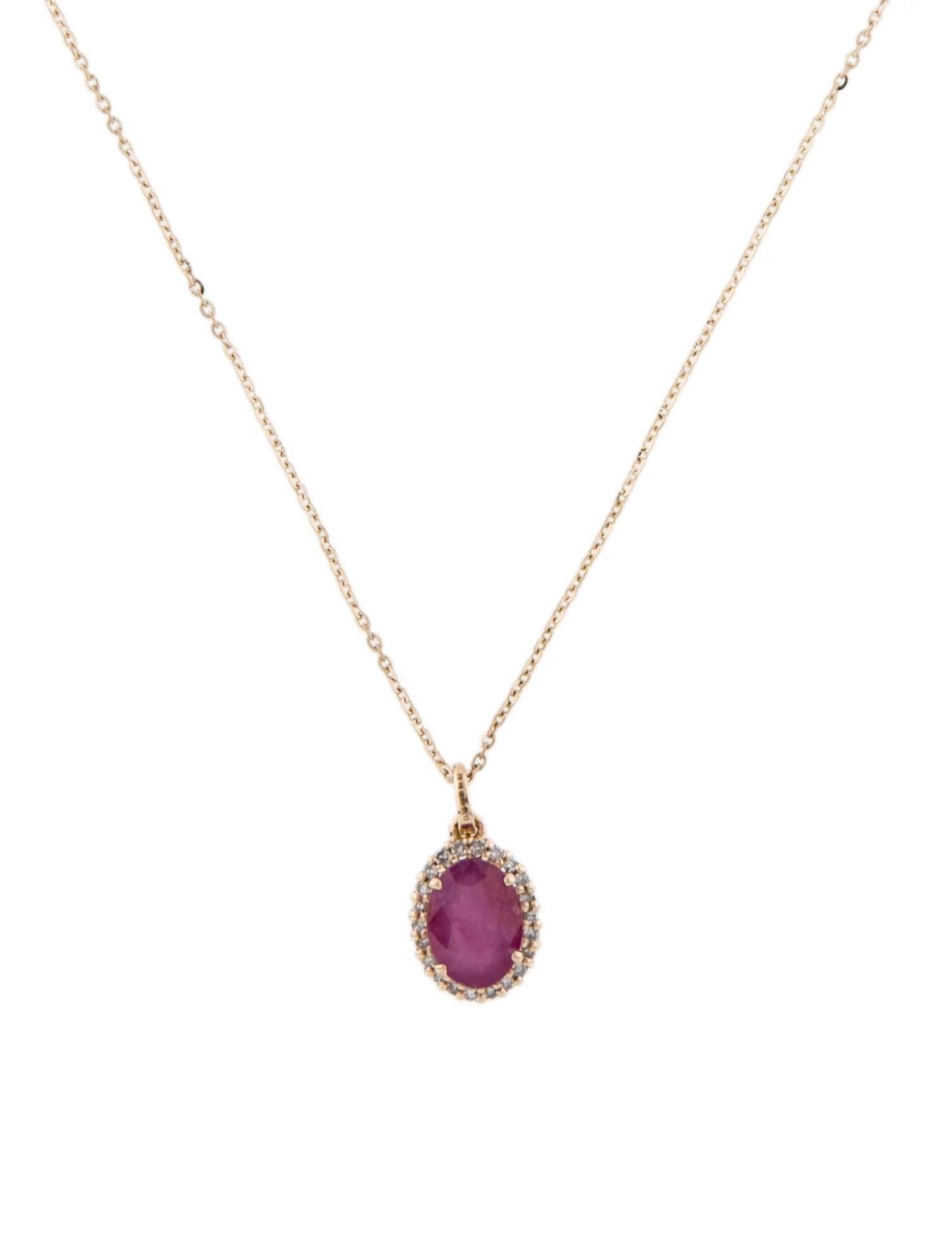 Oval Cut 14K Ruby & Diamond Pendant Necklace  1.70ct Oval Modified Brilliant Ruby  0.08 For Sale