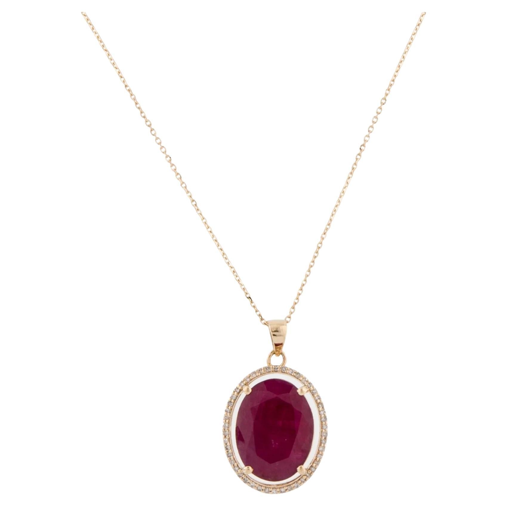 14K Ruby & Diamond Pendant Necklace  Faceted Oval Ruby  5.42ct  Yellow Gold For Sale