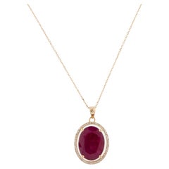 14K Ruby & Diamond Pendant Necklace  Faceted Oval Ruby  5.42ct  Yellow Gold