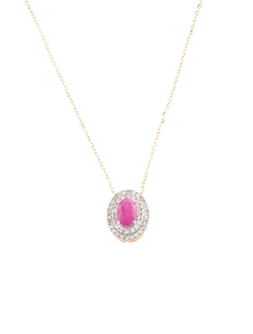 Indulge in timeless elegance with this exquisite 14K Yellow Gold pendant necklace, adorned with a captivating 0.71 Carat Oval Brilliant Ruby and shimmering diamond accents.

SPECIFICATIONS:

* Metal Type: 14K Yellow Gold
* Total Item Weight: 2.5g
*