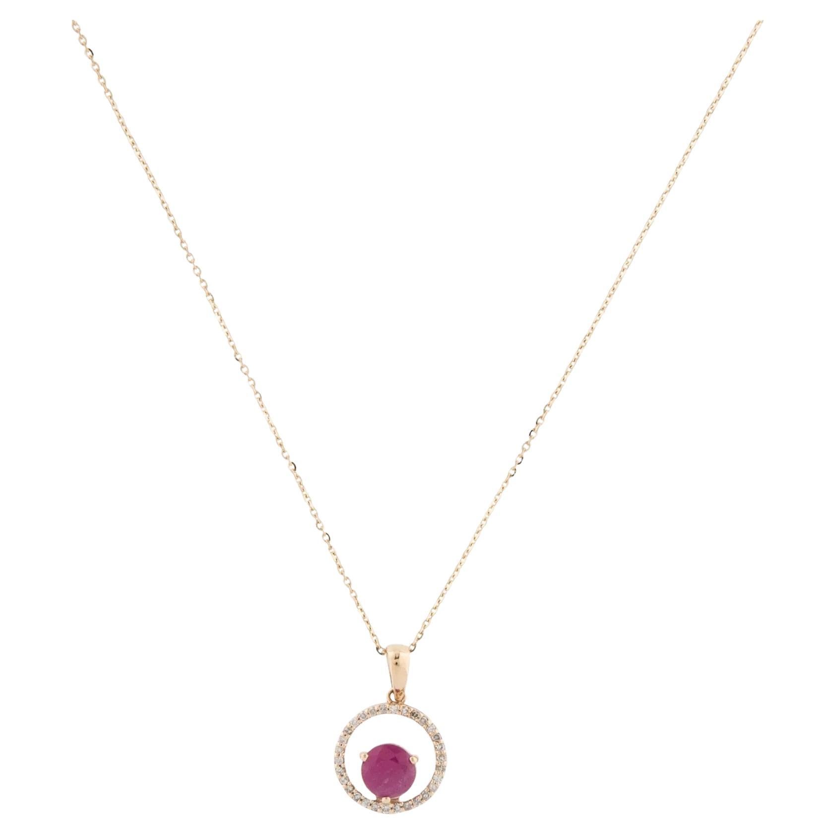 14K Ruby & Diamond Pendant Necklace  Yellow Gold  Round Ruby  0.86ct  Near C For Sale