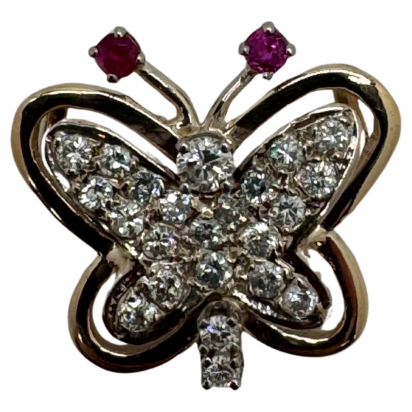 14K Pendentif papillon bicolore aux yeux de rubis