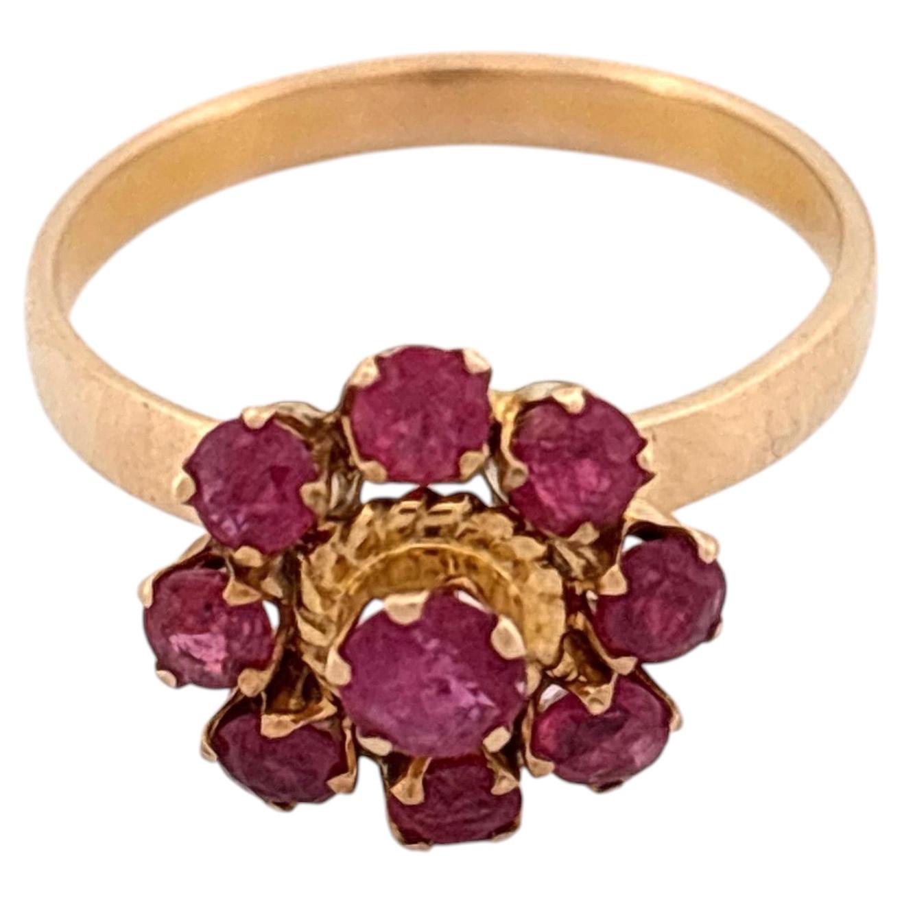 14K Yellow Gold Ruby Flower Cluster Ring, Late 20th Century Design For Sale