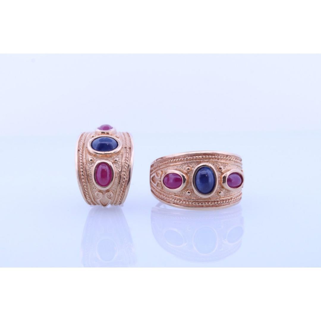 14k Boucles d'oreilles étrusques byzantines rubis saphir cabochon. Boucles d'oreilles étrusques en or 14k Pour femmes en vente