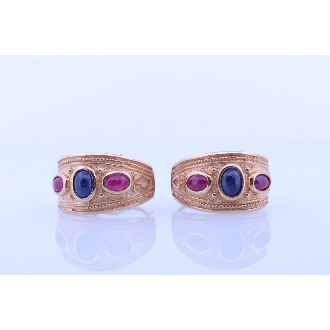 14k Boucles d'oreilles étrusques byzantines rubis saphir cabochon. Boucles d'oreilles étrusques en or 14k en vente 2
