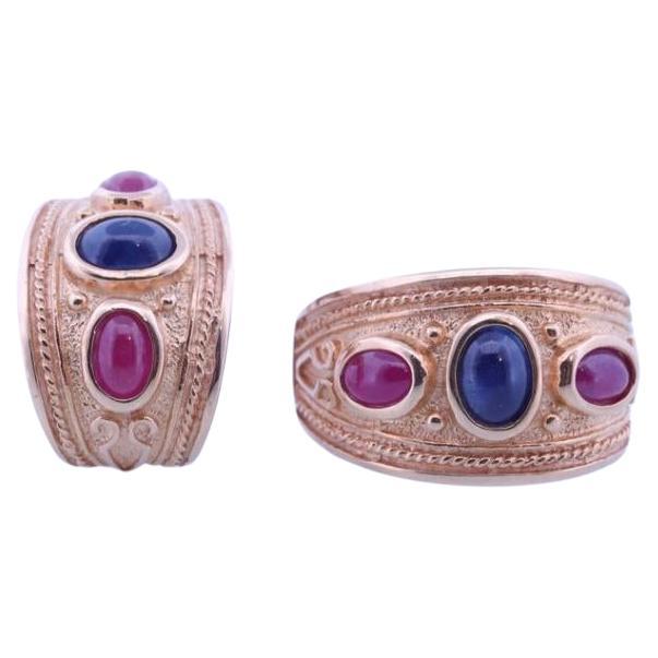 Pendientes Etruscos Bizantinos de Cabujón de Zafiro y Rubí de 14k. Reviva etrusca de oro de 14k