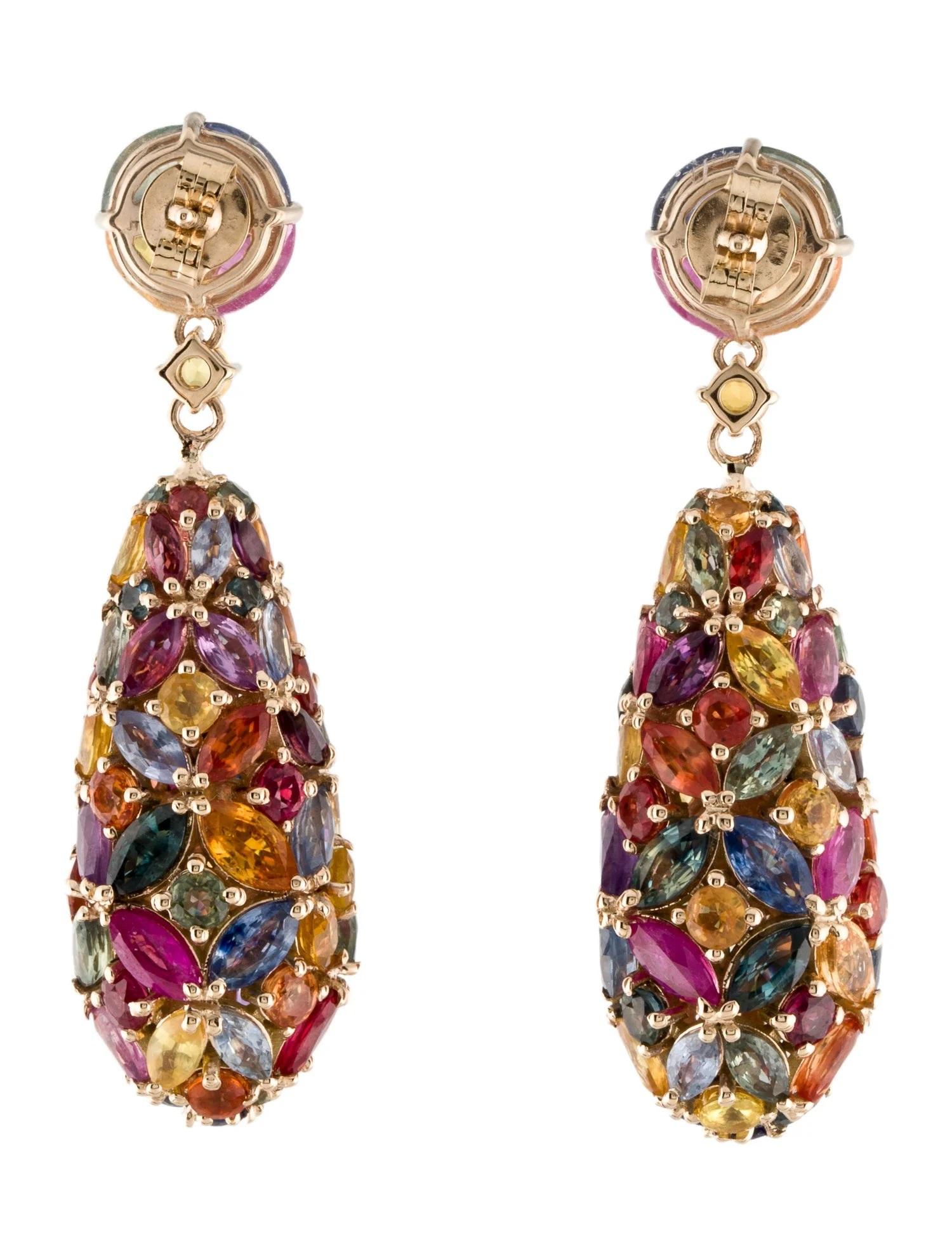 Artist 14K Ruby & Sapphire Drop Earrings  29.63 Carat Marquise & Round Gemstones  Exq For Sale