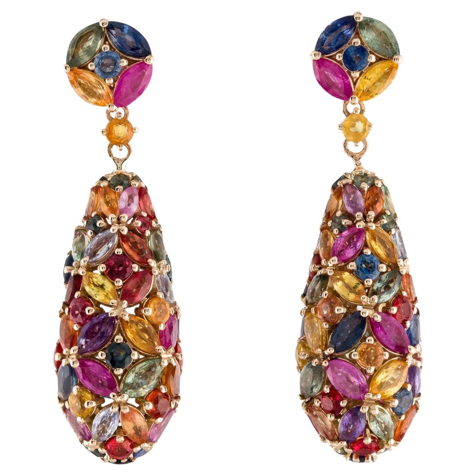 Boucles d'oreilles pendantes en rubis et saphir 14K  29.63 Carat Marquise & Round Gemstones  Exq en vente