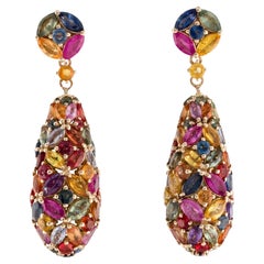 Boucles d'oreilles pendantes en rubis et saphir 14K  29.63 Carat Marquise & Round Gemstones  Exq